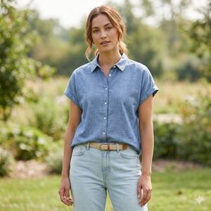 Kathmandu Womens 14 Blue Hemp Cotton Blend Button Down Shirt Short Sleeve Hiking